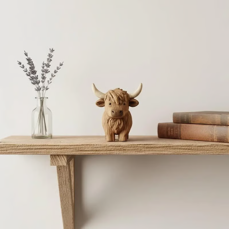 Hand Carving Wooden Highland Cow Figurine