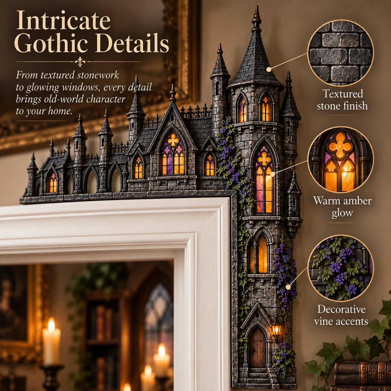 Close-up gothic stonework and glowing window details