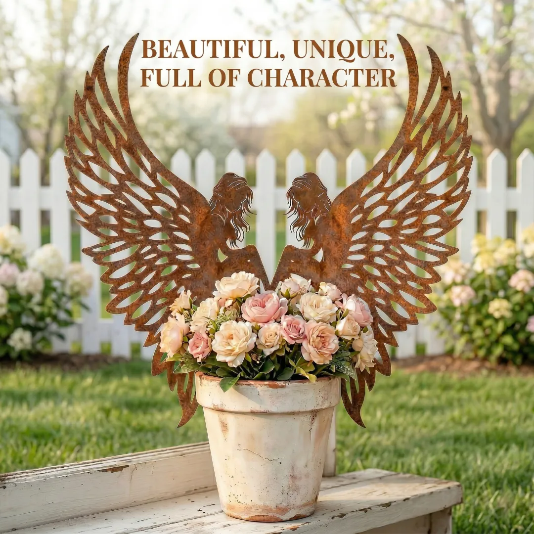 Distressed Rust Metal Angel Wing Planter Accent Pair