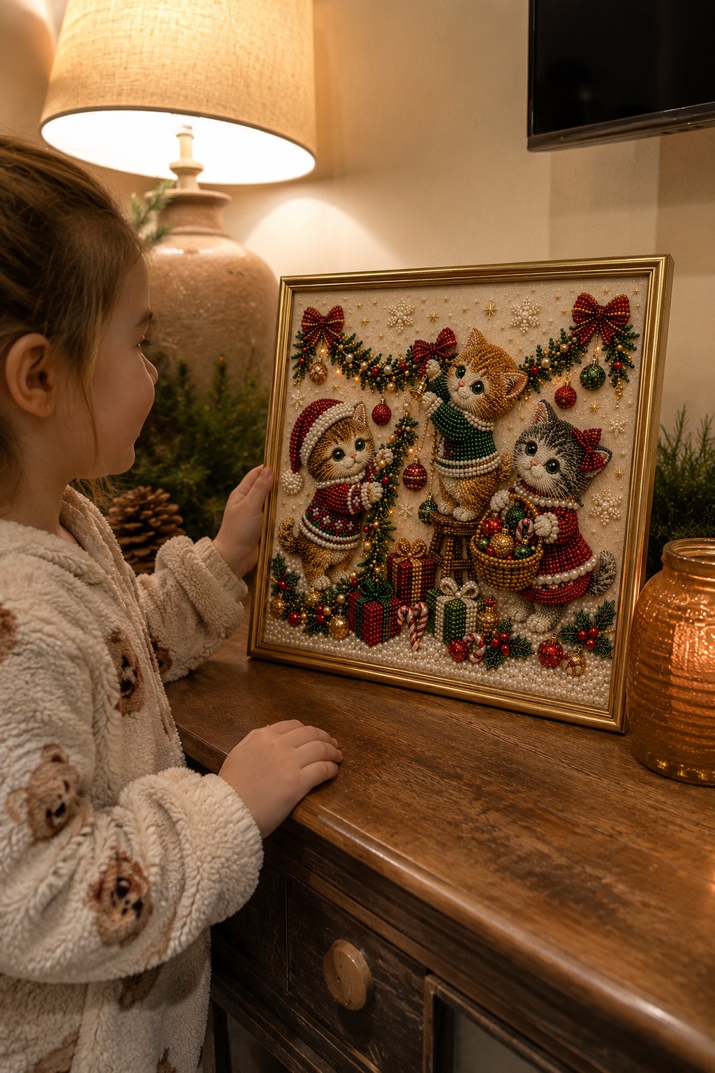 🎄🐾 Premium 3D Pearl Christmas Kitty Art Kit | Luxury Flocked Canvas with Scratch-Resistant Non-Fading Pearl Beads DIY Holiday Decor 🎅🐱❄️