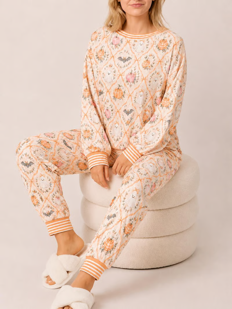 Women's Halloween Pajama Set – Cute Pumpkin Ghost Print Cozy Lounge Outfit For Spooky Season Nights