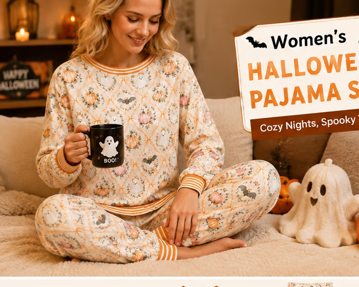 Women's Halloween Pajama Set – Cute Pumpkin Ghost Print Cozy Lounge Outfit For Spooky Season Nights
