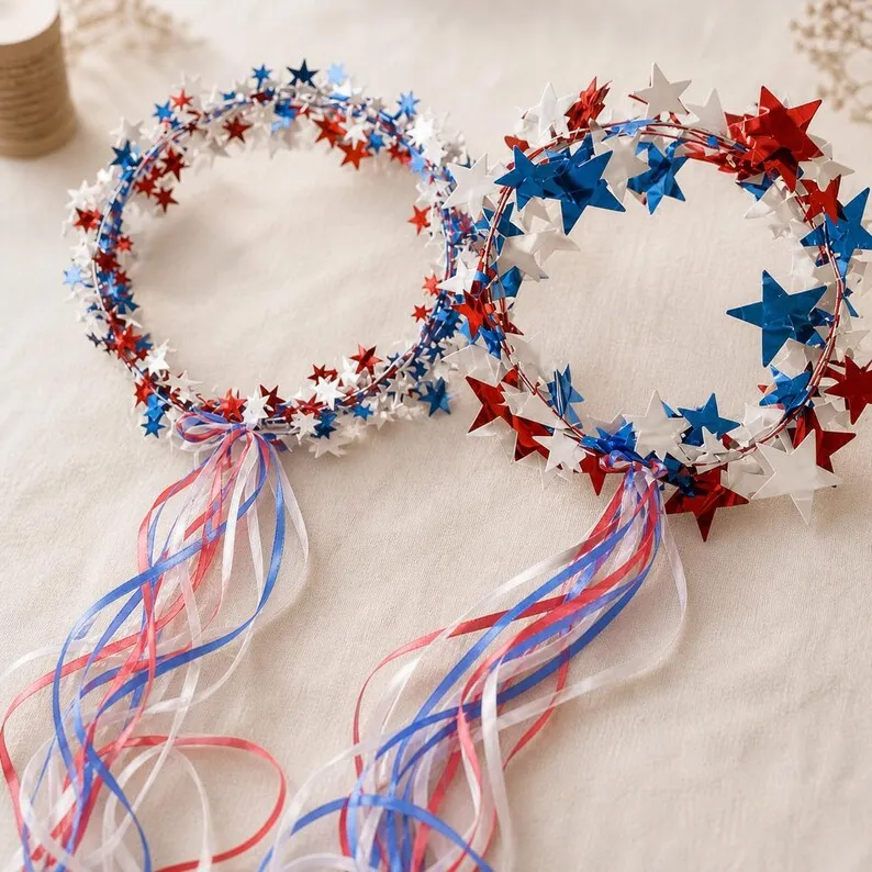 Sparkling Americana Star Crown with Flowing Ribbons 🇺🇸✨ | Patriotic Hair Accessory