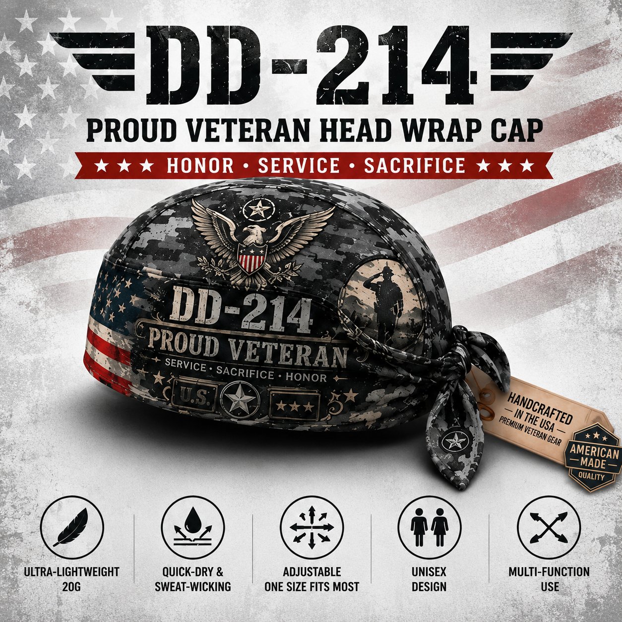 Veteran DD-214 Camouflage Print Cycling Pirate Hat / Biker Headwrap (Adjustable tie-back fit)