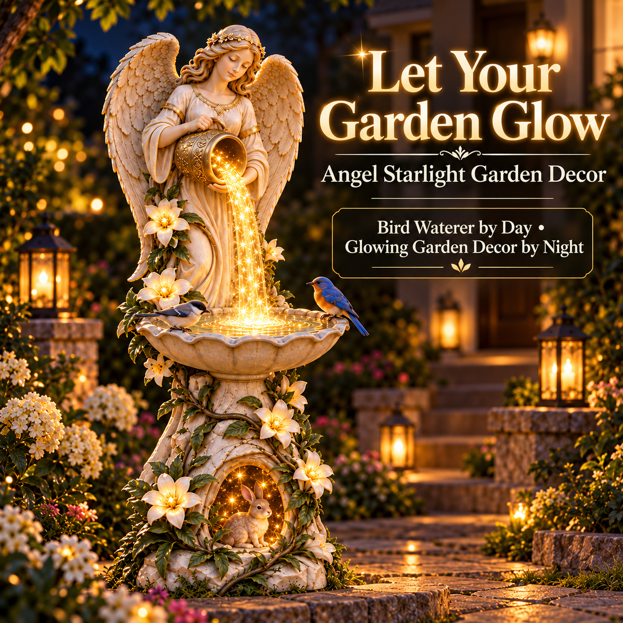 Angel garden birdbath with a warm cascading light display at night