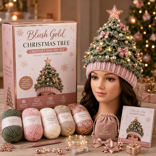 🎄 Beginner‑Friendly Light‑Up Christmas Tree Crochet Hat DIY Kit | Festive Craft Set for New Crocheters