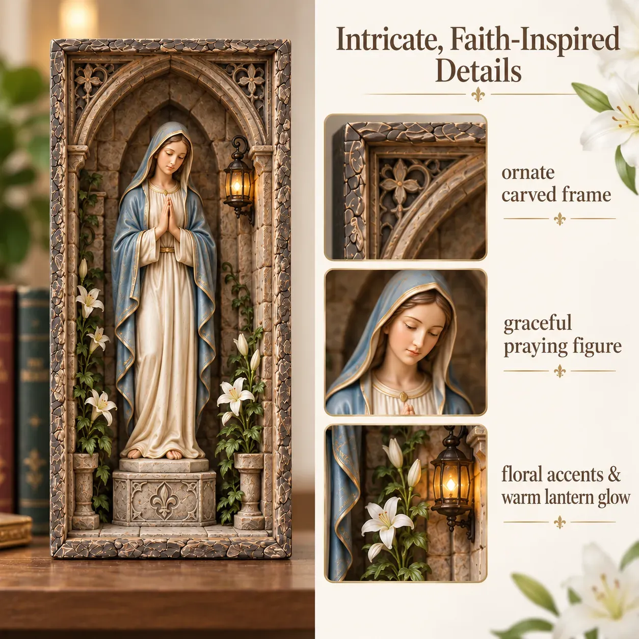 Virgin Mary beneath Gothic arch with lilies and greenery