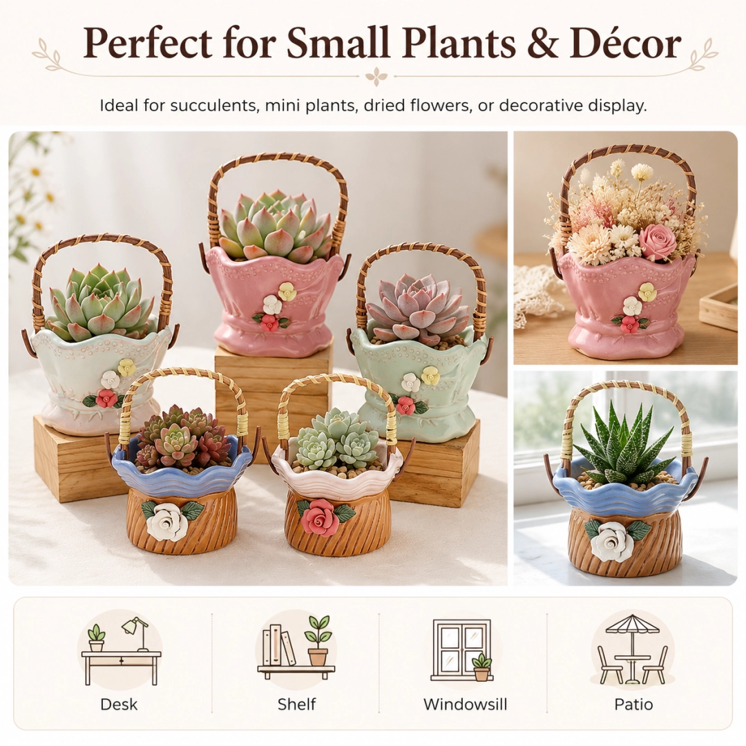 Ceramic Flower Basket Planter – Decorative Handcrafted Indoor & Outdoor Pots