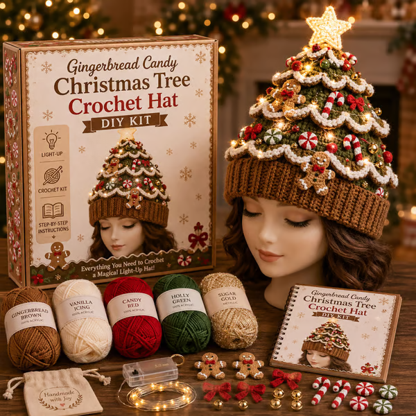 🎄 Beginner‑Friendly Light‑Up Christmas Tree Crochet Hat DIY Kit | Festive Craft Set for New Crocheters