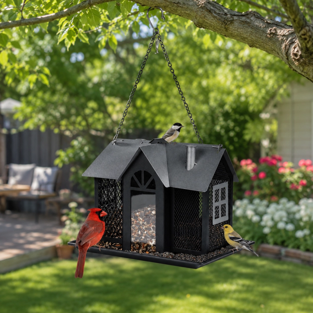 Hanging Metal Bird Feeder – House-Shaped Outdoor Seed Dispenser for Garden, Yard, or Balcony
