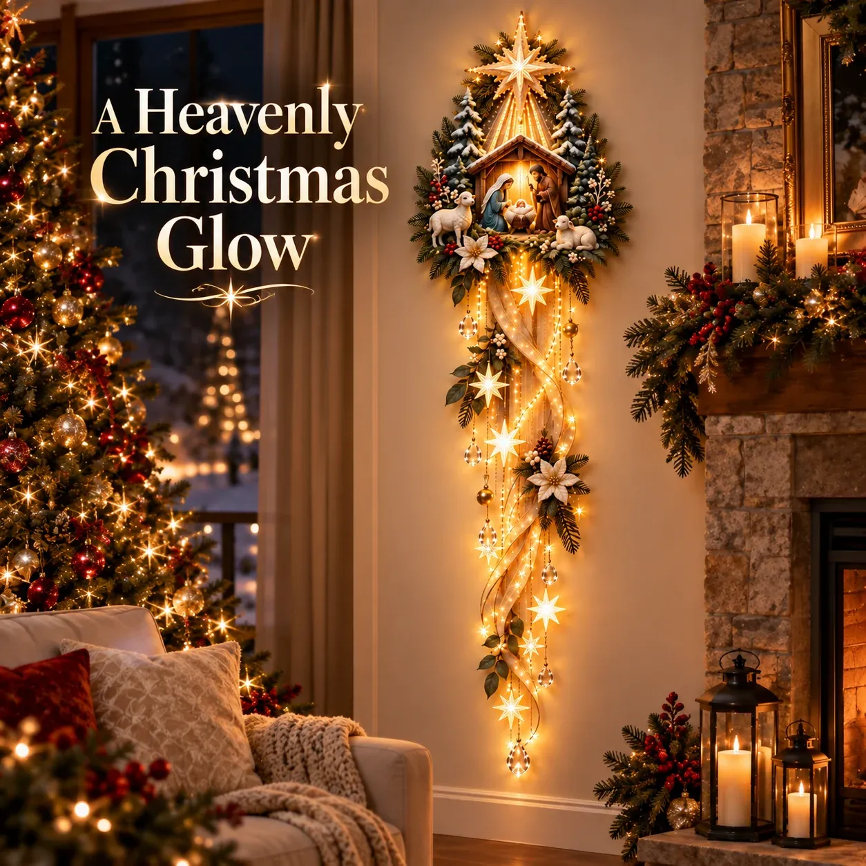 Nativity Starfall Wall Light glowing beside a Christmas tree