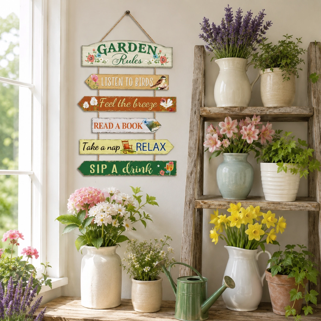Wooden Outdoor Fun Garden Rule Signs Set-Gardening Enthusiast Decor, Outdoor Garden Sign Plaques