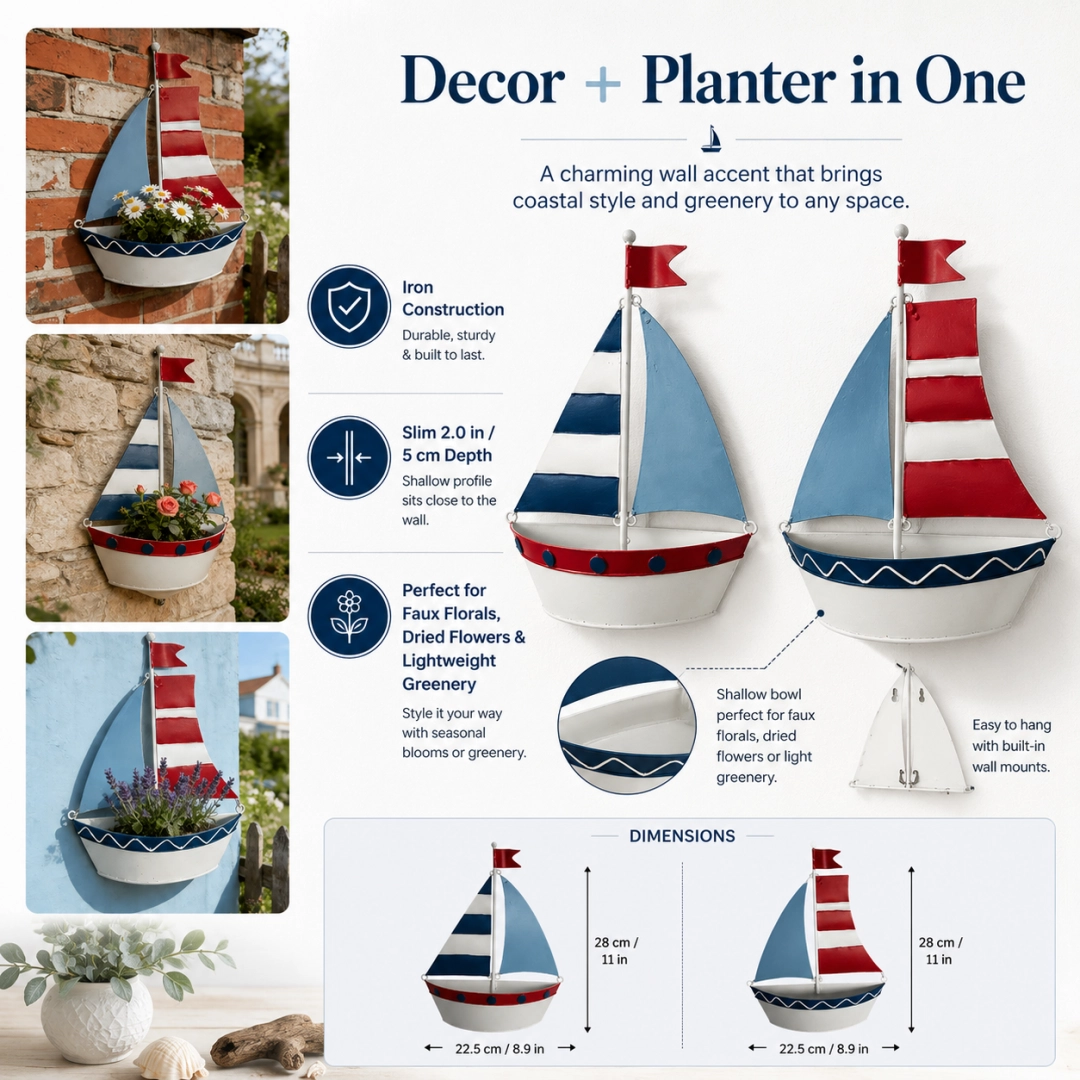 Coastal Sailboat Metal Wall Planter – Nautical Hanging Flower Basket⛵