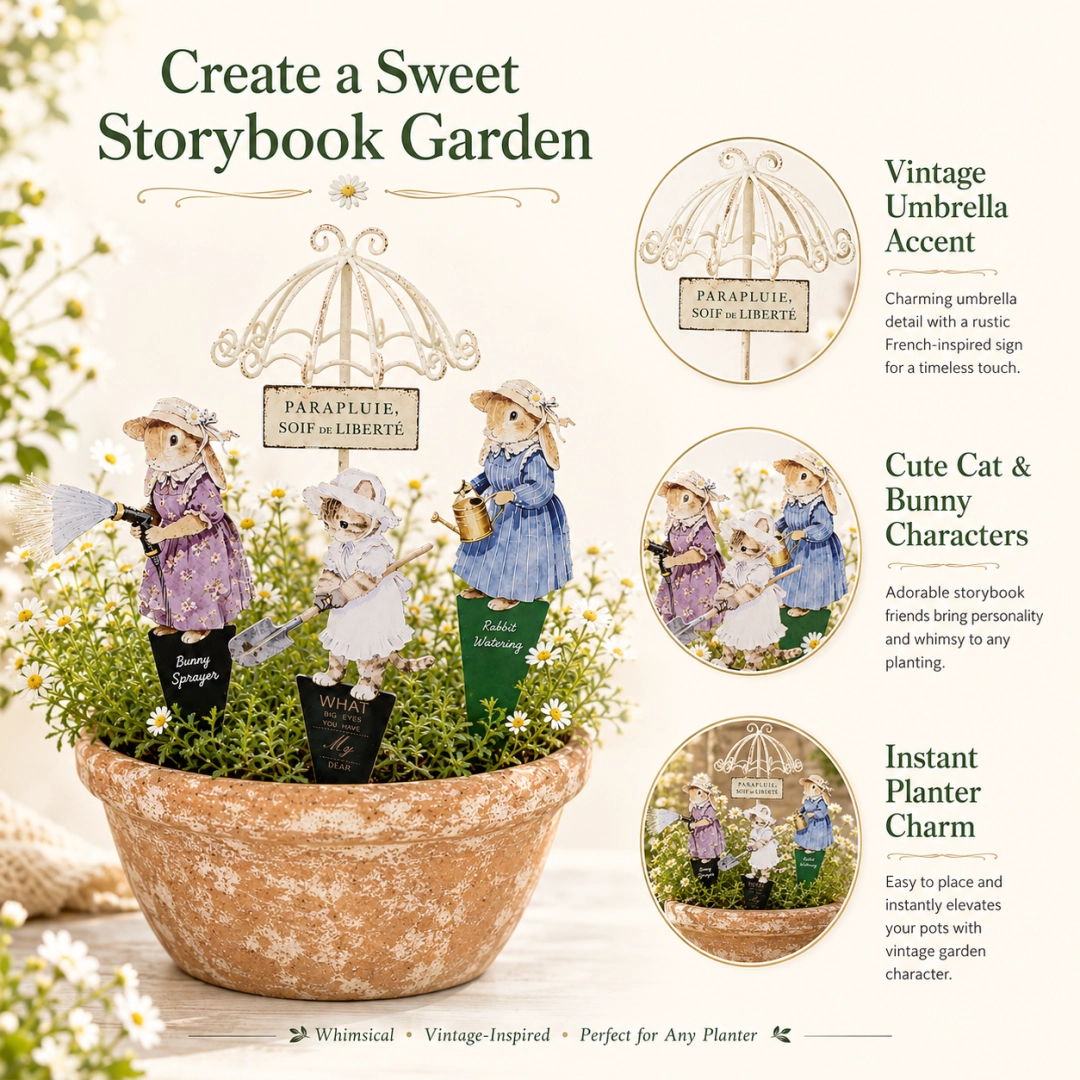 Storybook Garden Stakes – Mini Umbrella with Cat & Bunny Planter Decor