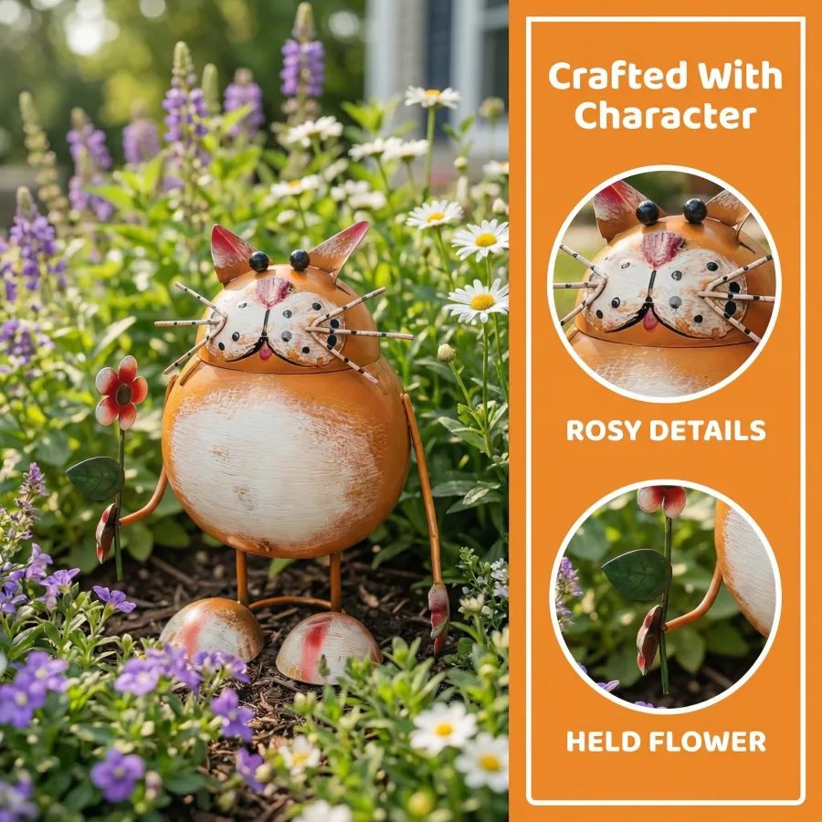 Whimsical Metal Cat Garden Statue with Flower
