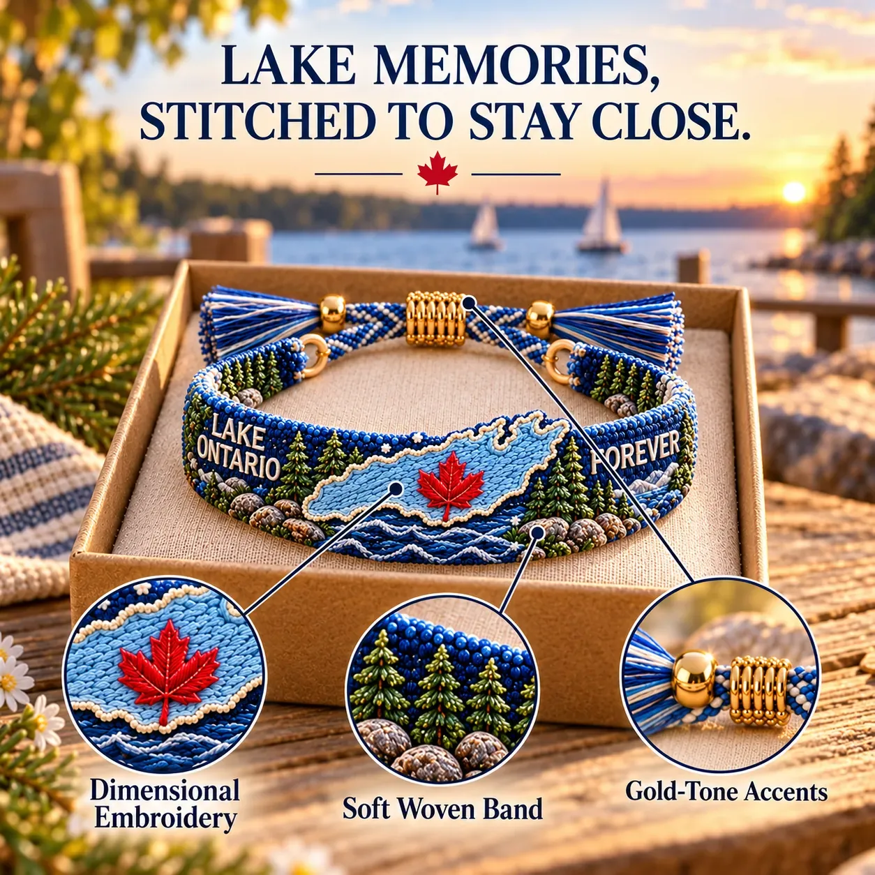 🌊 Lake Ontario Forever Embroidered Bracelet |Meaningful Message & Gift-Ready Keepsake Box 🍁