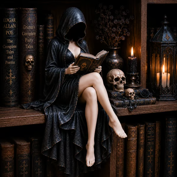 🔥LAST DAY 50% OFF - 🖤Gothic Hooded Reader Figurine – Dark Academia Bookshelf Decor📖