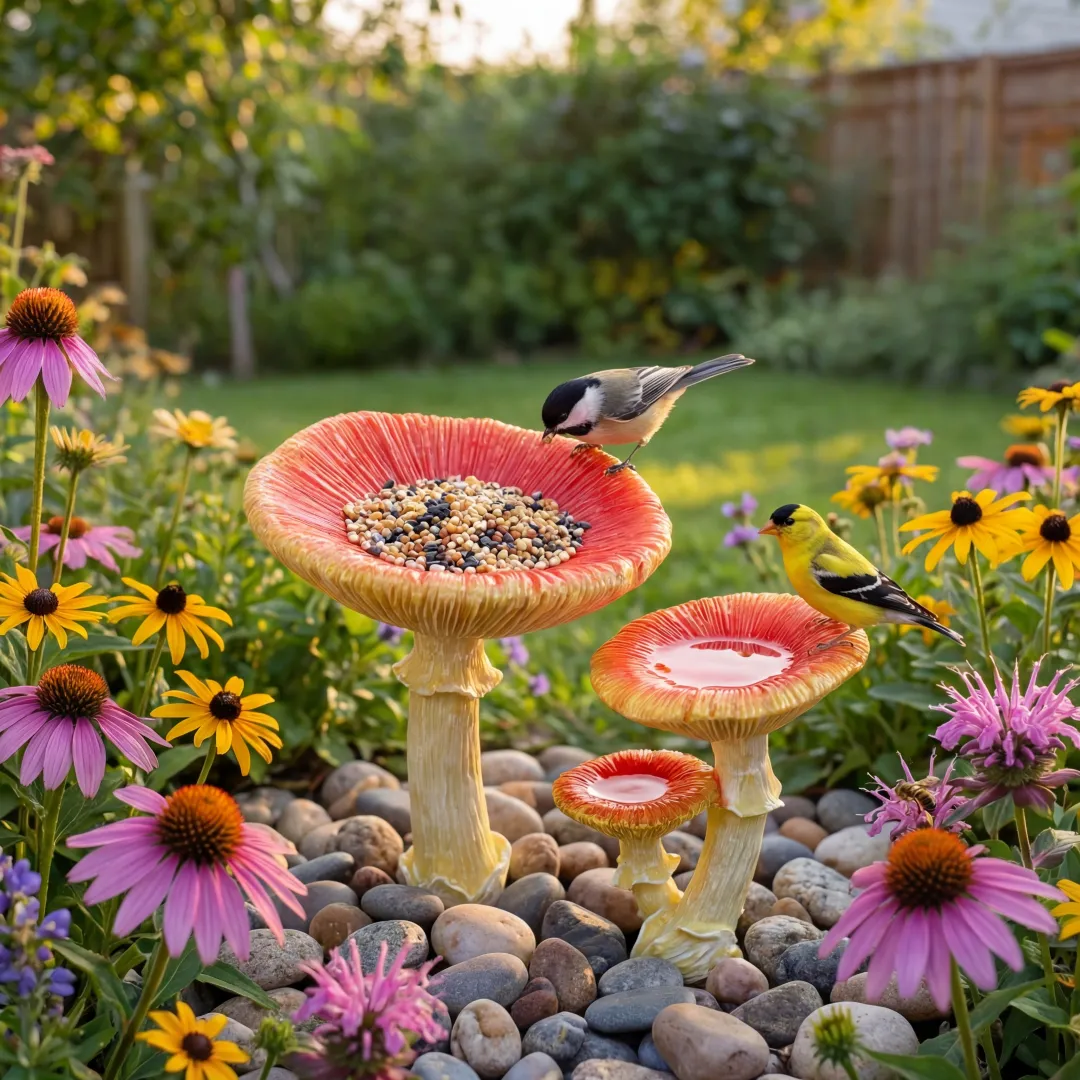 Whimsical Mushroom Bird Feeder for Garden Décor