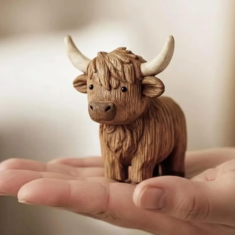 Hand Carving Wooden Highland Cow Figurine