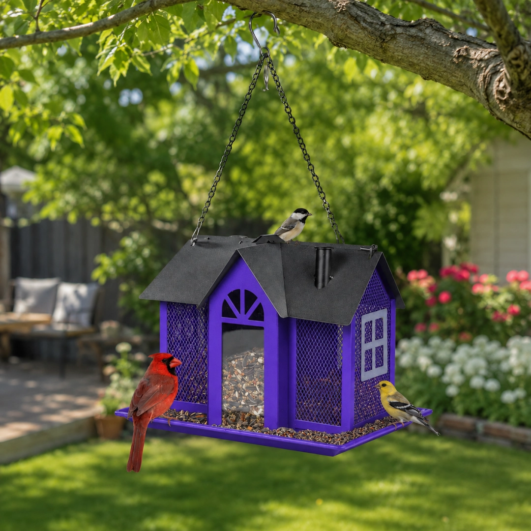 Hanging Metal Bird Feeder – House-Shaped Outdoor Seed Dispenser for Garden, Yard, or Balcony