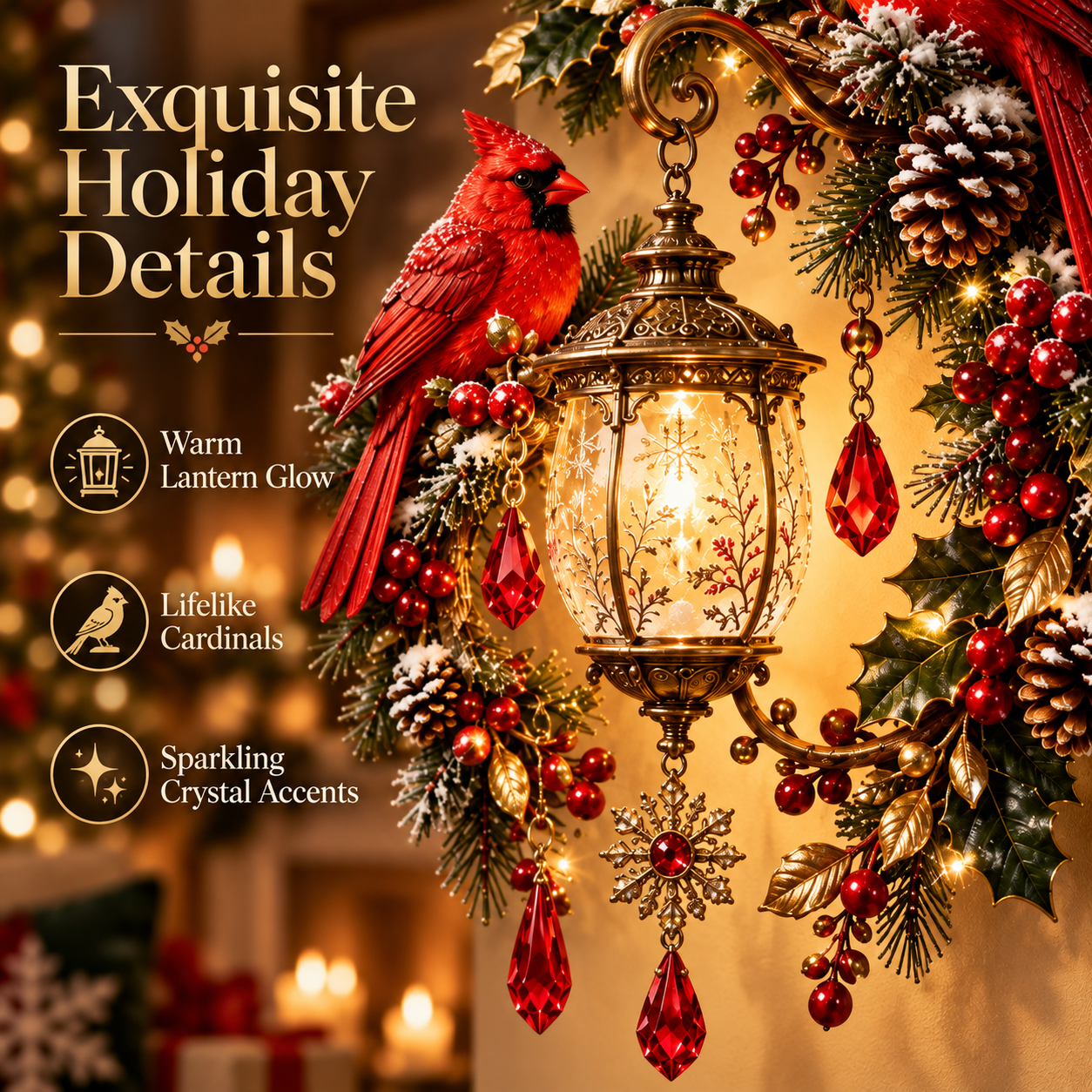Close-up details of the cardinal lantern Christmas wall light