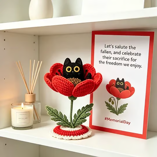 🔥LAST DAY 49% OFF - 🖤Unisex Memorial Day Poppy Cat Handcrafted Keepsake