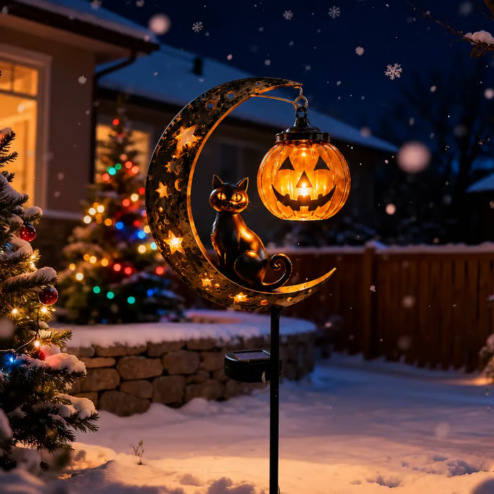 ☀️Solar Halloween Black Cat & 🎃Pumpkin Moon Garden Stake Light