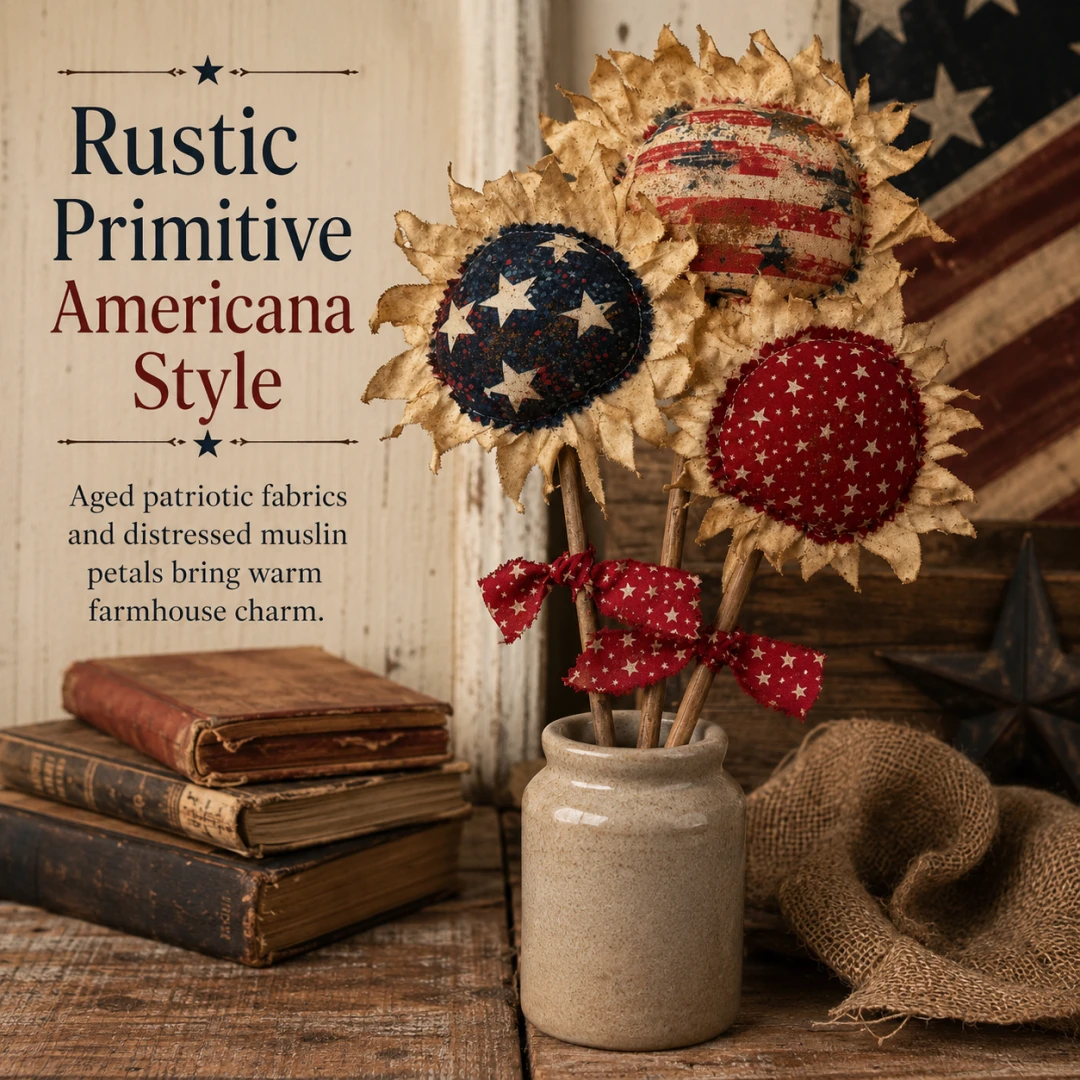 Primitive Americana Flower Picks Set of 3 – Rustic Patriotic Fabric Sunflower Decor