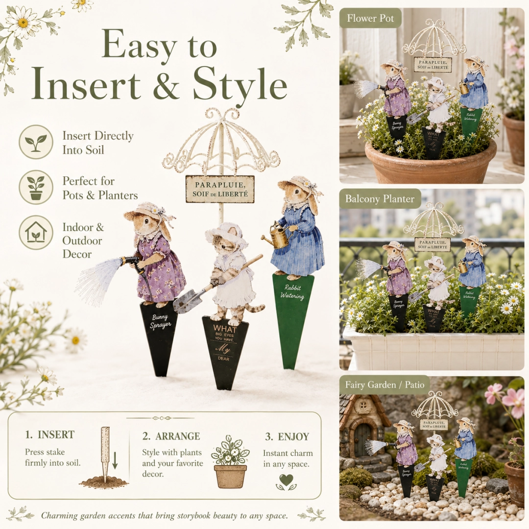 Storybook Garden Stakes – Mini Umbrella with Cat & Bunny Planter Decor
