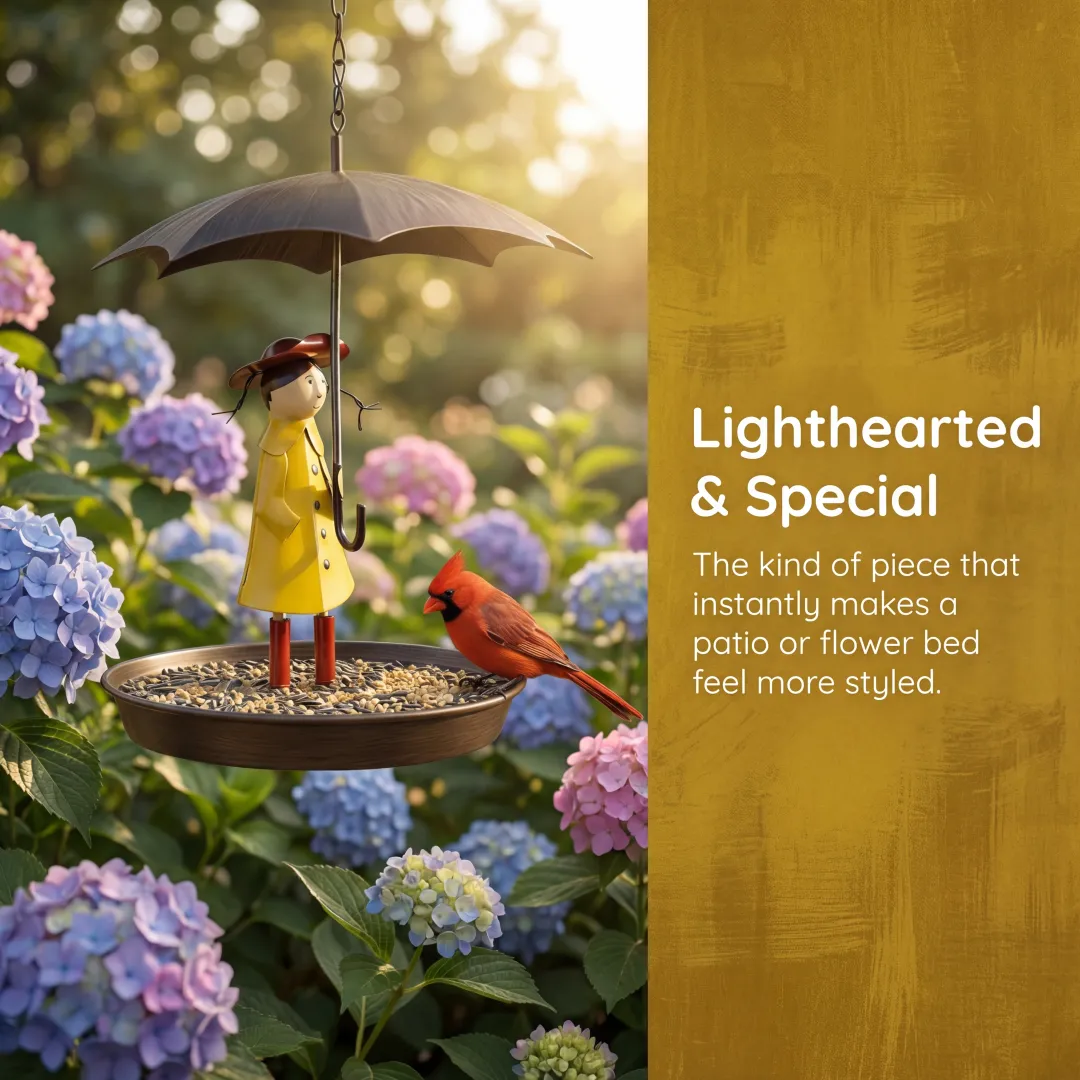 Whimsical Raincoat Girl Hanging Bird Feeder & Bird Bath