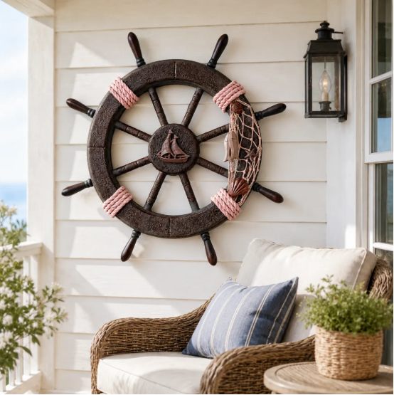 Vintage Wooden Ship's Wheel and Anchor Wall Art