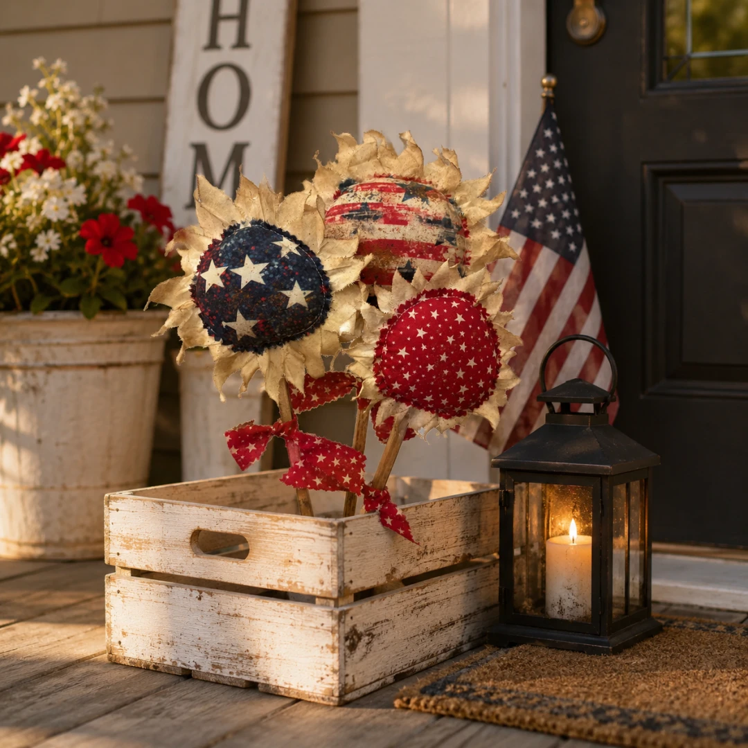 Primitive Americana Flower Picks Set of 3 – Rustic Patriotic Fabric Sunflower Decor