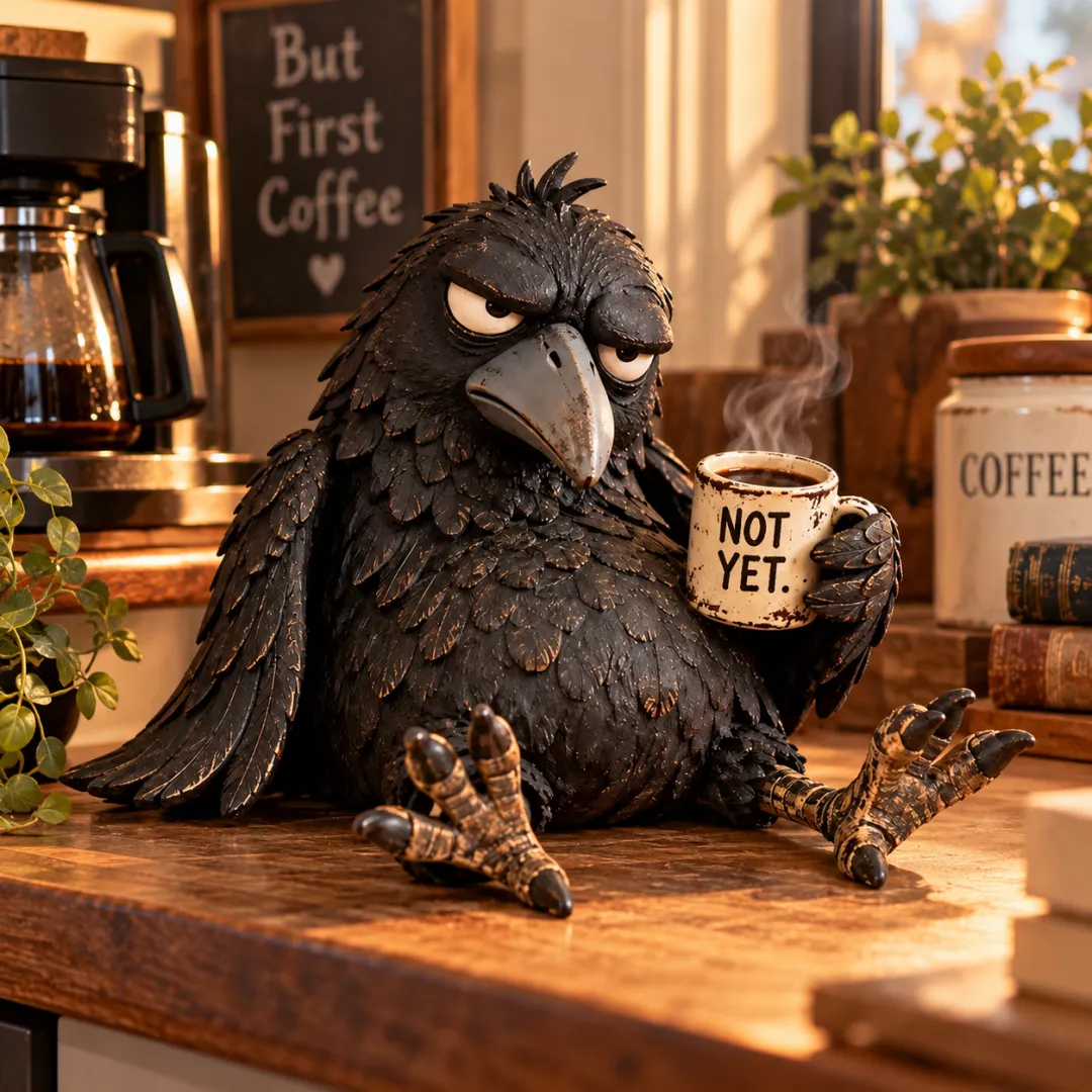 Grumpy Coffee Raven Figurine – “Not Yet” Funny Morning Decor