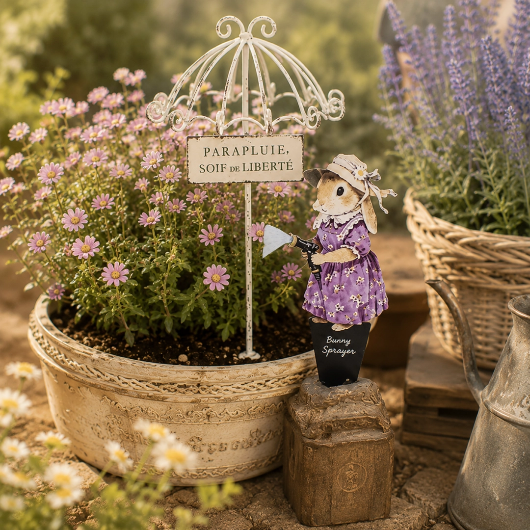 Storybook Garden Stakes – Mini Umbrella with Cat & Bunny Planter Decor