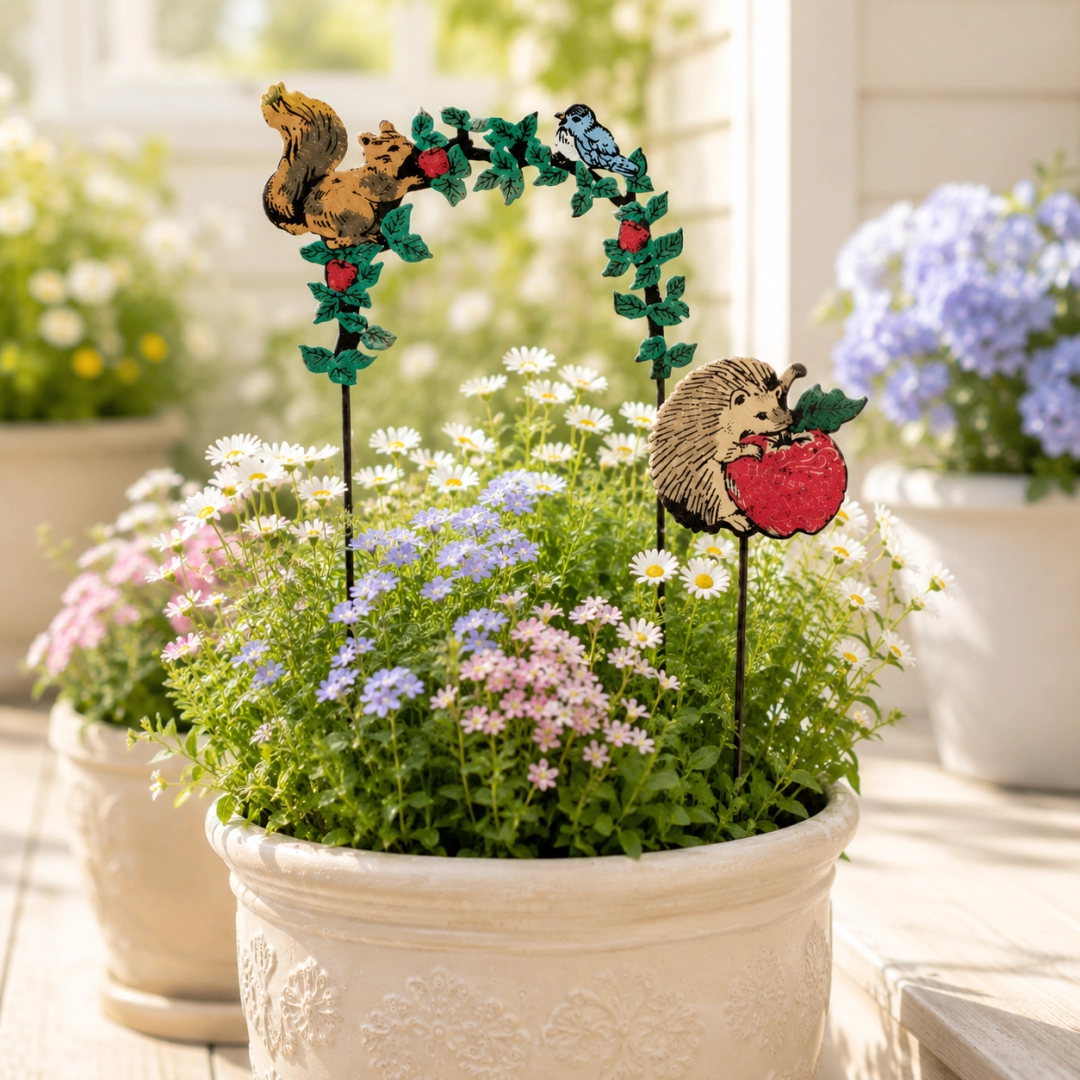 Vintage Metal Garden Stakes - Woodland Squirrel Hedgehog & Cat Plant Pot Picks