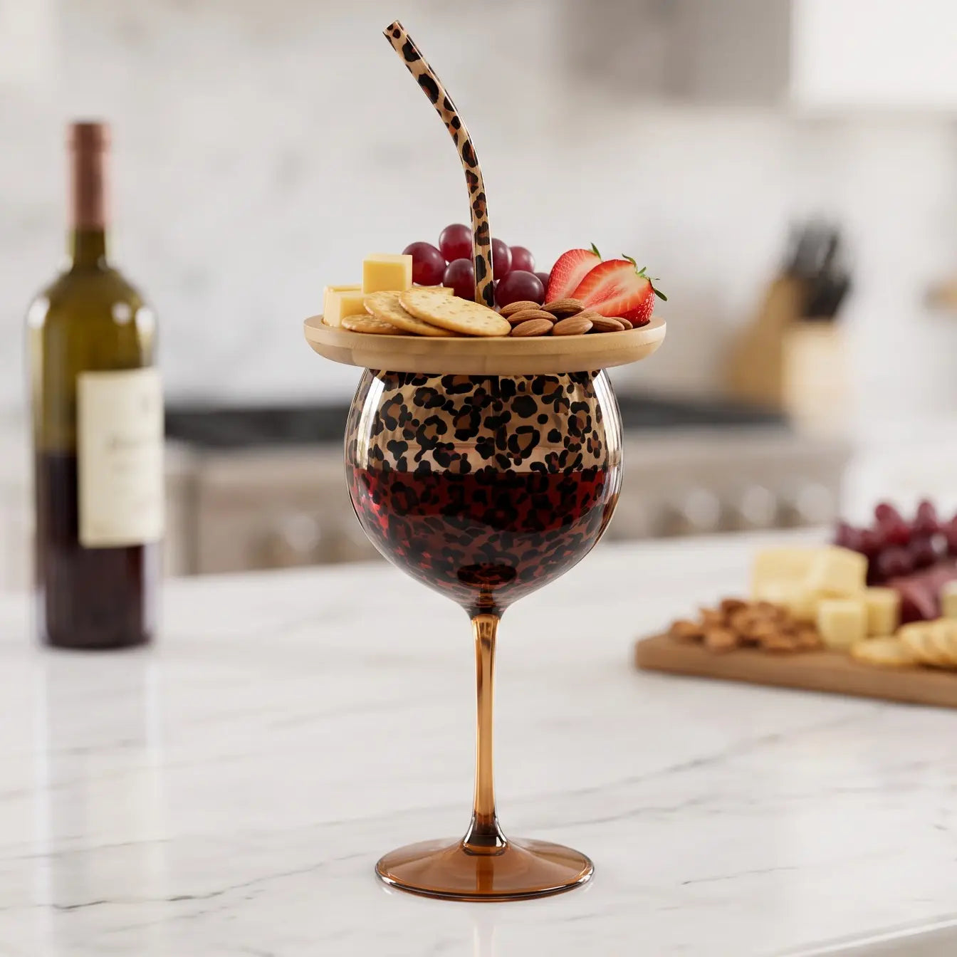 Wine glass with bamboo snack charcuterie tray
