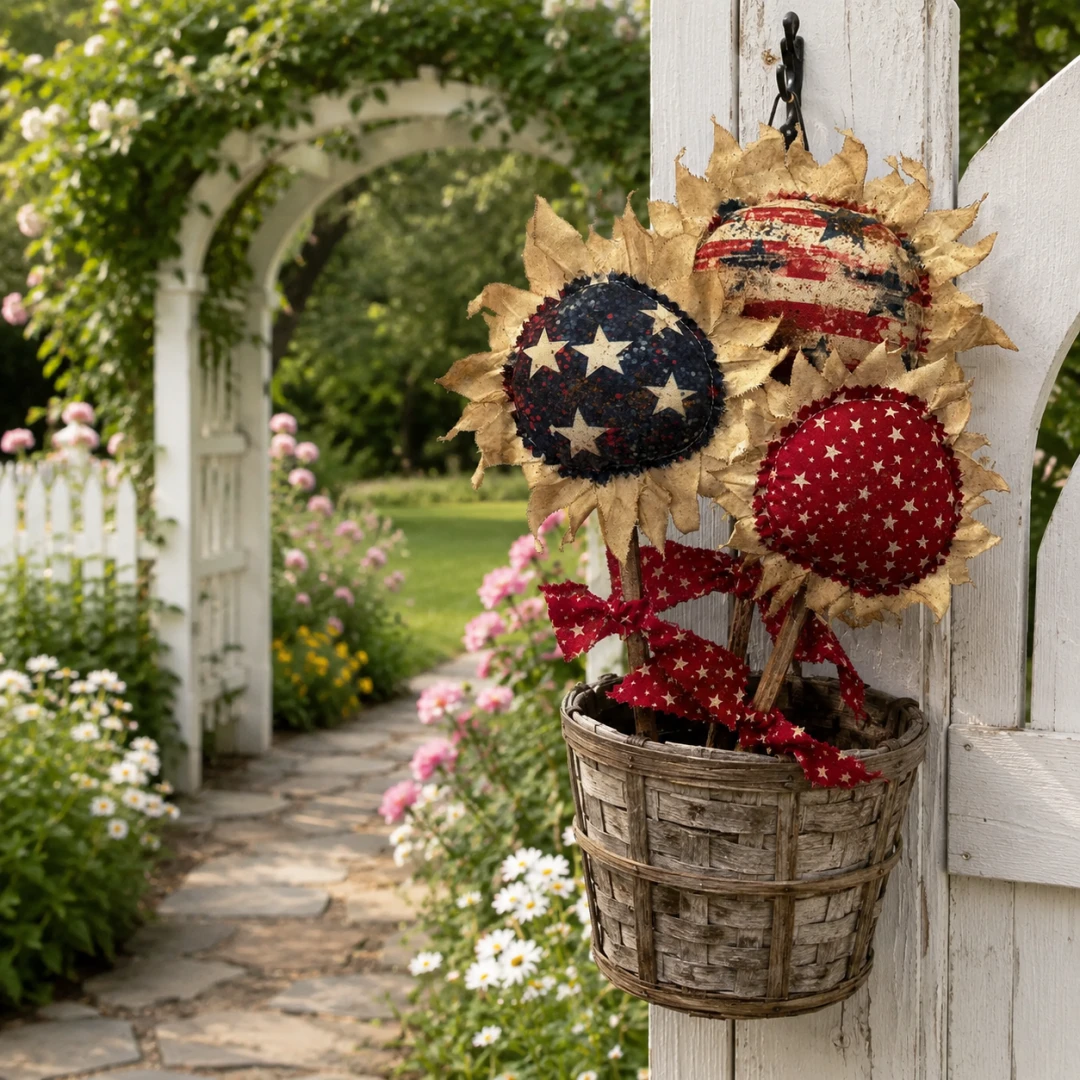 Primitive Americana Flower Picks Set of 3 – Rustic Patriotic Fabric Sunflower Decor
