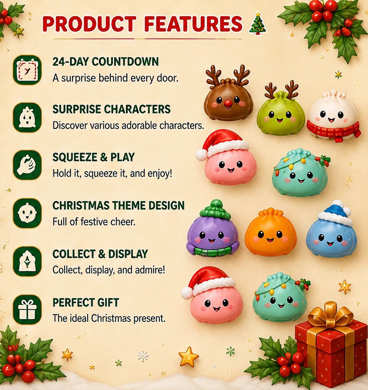 Features of the 24-day squishy Christmas advent calendar