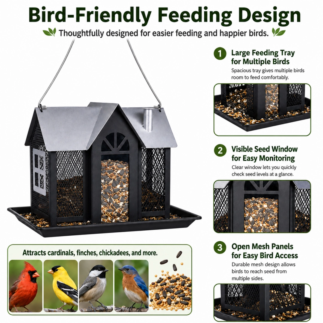 Hanging Metal Bird Feeder – House-Shaped Outdoor Seed Dispenser for Garden, Yard, or Balcony