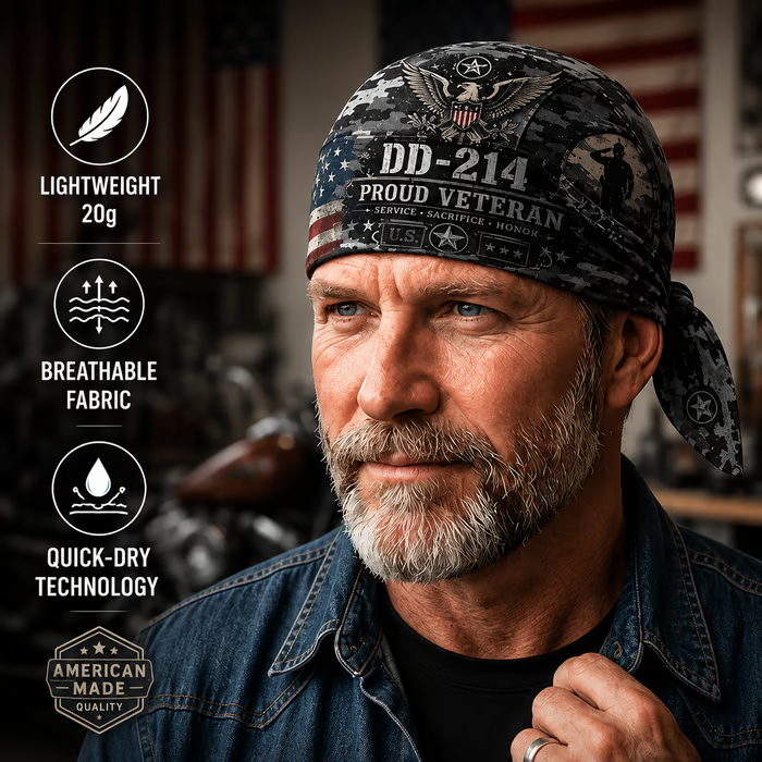 Veteran DD-214 Camouflage Print Cycling Pirate Hat / Biker Headwrap (Adjustable tie-back fit)