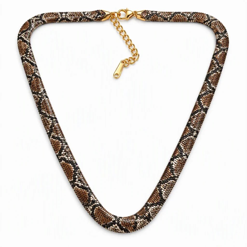 Bronze and black snake-pattern necklace on white background