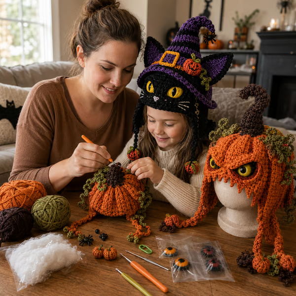 🔥 LAST DAY 49% OFF – 🎃 Halloween Monster Hood DIY Crochet Kit | Premium Soft Yarn Materials with Step-by-Step Guide DIY Handmade Wearable Character Hood 🧶🎭✨