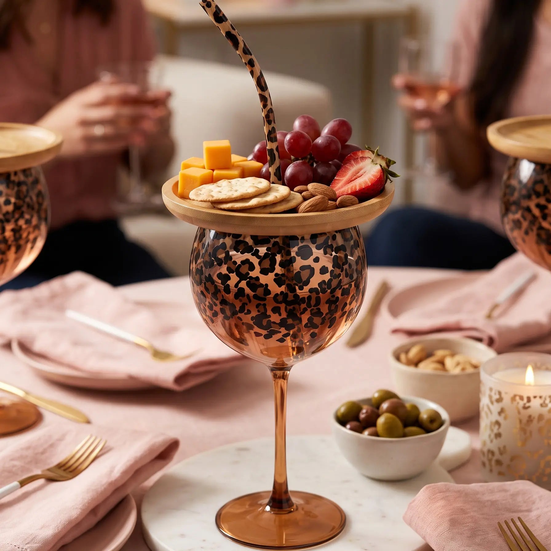 Leopard Print Wine Glass and Charcuterie Snack Set