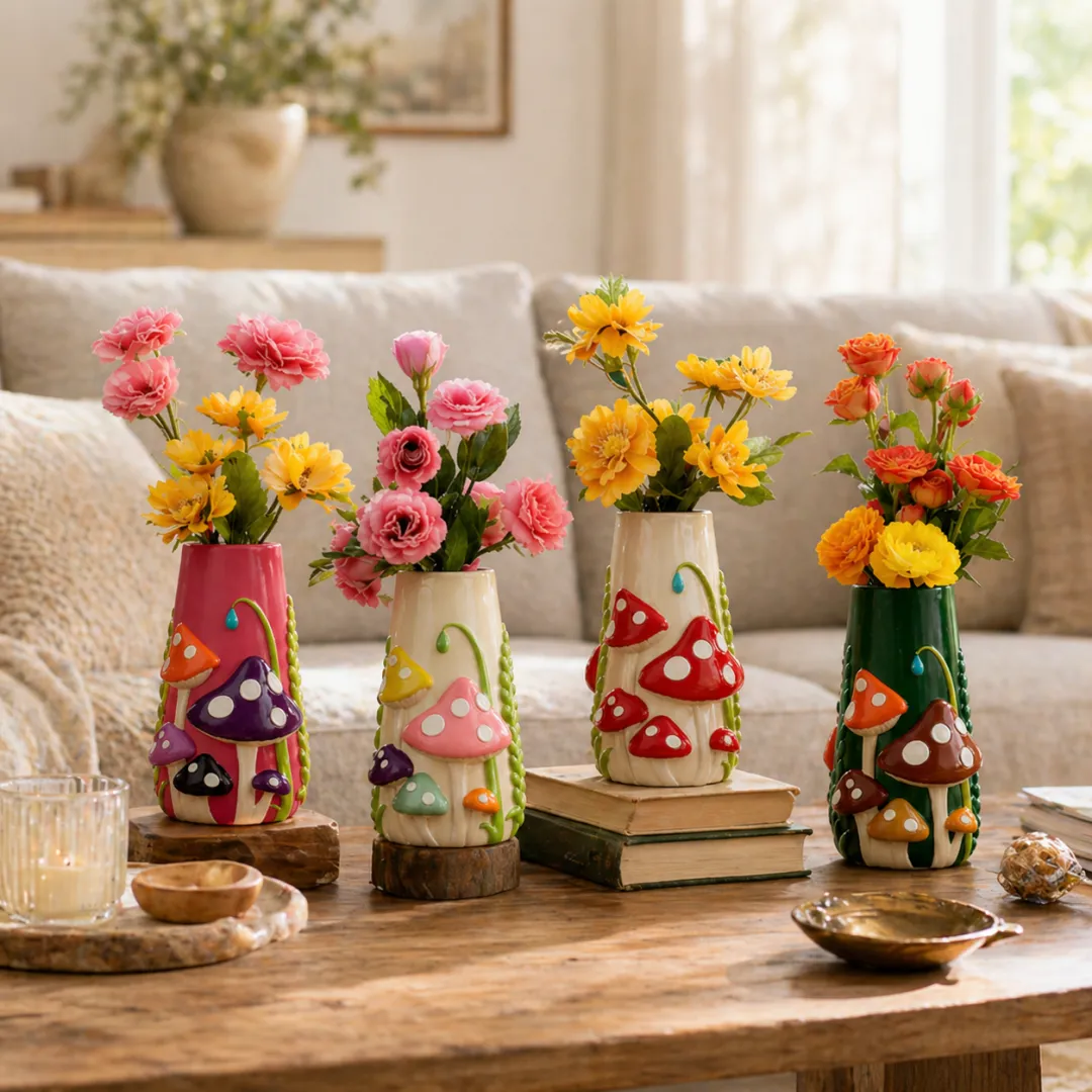 Mushroom Meadow Hand-Painted Vase Collection