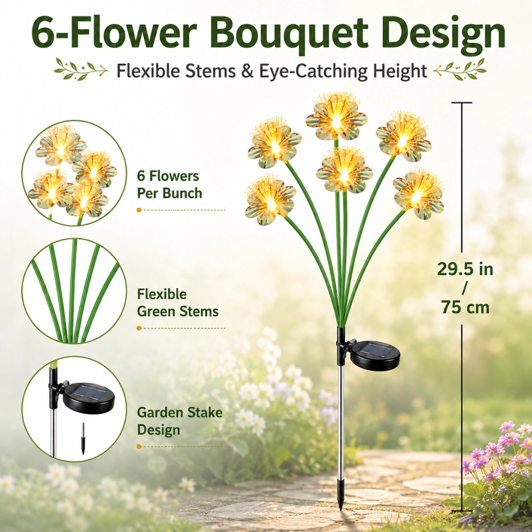 Solar Flower Garden Stake Light, 6-Flower Bouquet