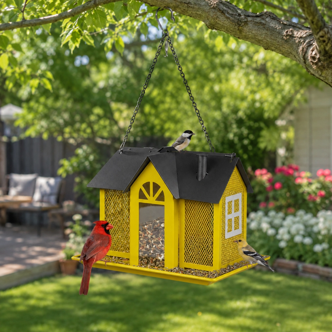 Hanging Metal Bird Feeder – House-Shaped Outdoor Seed Dispenser for Garden, Yard, or Balcony