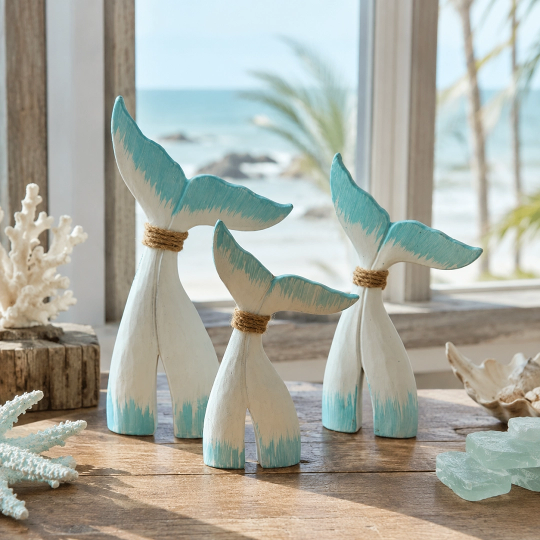 Coastal Whale Tail Figurine Set of 3 – Blue & White Nautical Tabletop Decor