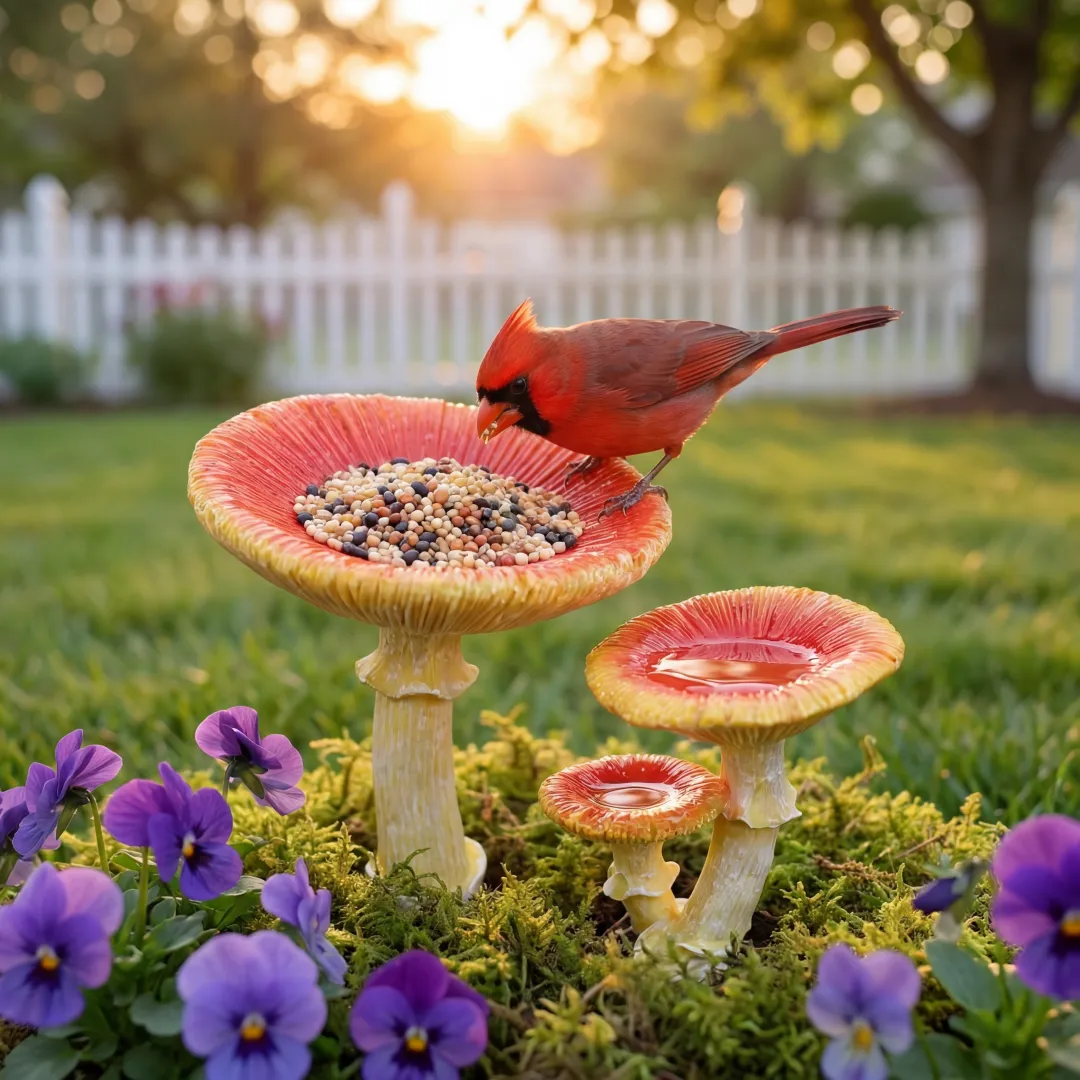 Whimsical Mushroom Bird Feeder for Garden Décor