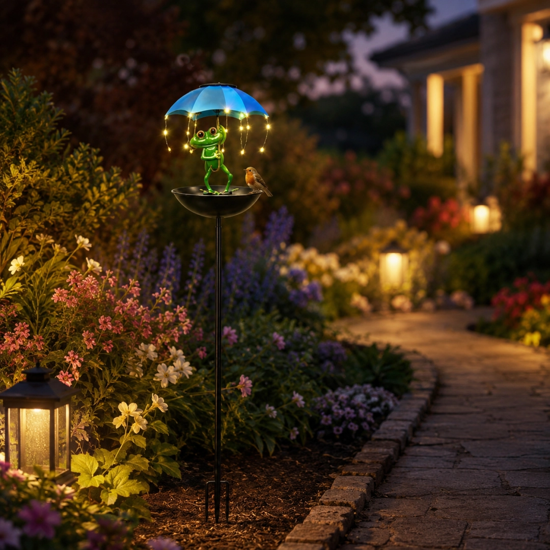 Solar Frog Umbrella Bird Feeder Garden Stake Light