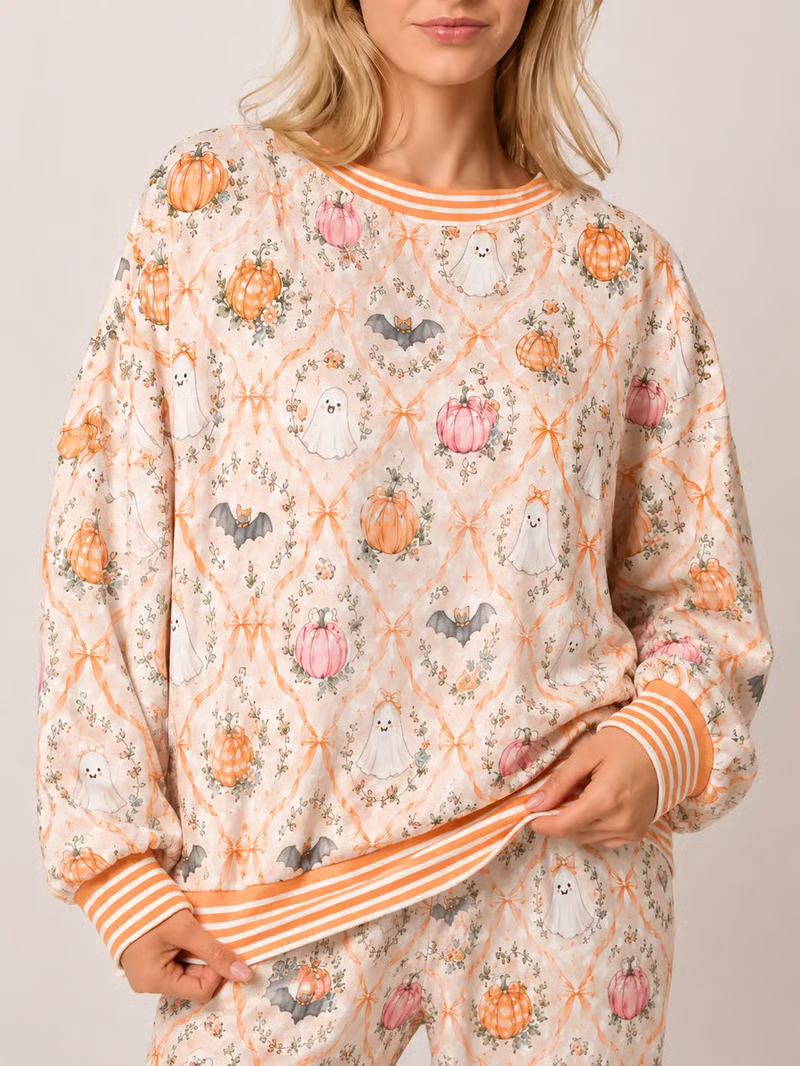 Women's Halloween Pajama Set – Cute Pumpkin Ghost Print Cozy Lounge Outfit For Spooky Season Nights